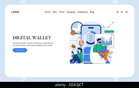 Illustration vectorielle présentant un site Web de portefeuille numérique avec des personnes interagissant, décrivant des thèmes d'échange de crypto-monnaie. Comprend des graphiques, des symboles monétaires et une interface d'application mobile. Illustration de Vecteur