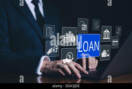 Prêt et prêt de trésorerie pour le concept d'achat d'actifs. Interface numérique proposant des icônes de prêts et de financement, des prêts, des taux d'intérêt, des achats d'actifs, Banque D'Images