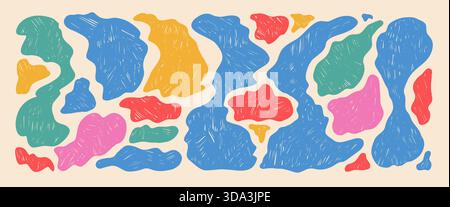 Les nuages de blob colorés forment le fond. Formes irrégulières de crayon funky. Figures liquides organiques abstraites. Jeu de vecteurs d'icône de blob Wobbly. Amibes ondulées pour enfants Illustration de Vecteur