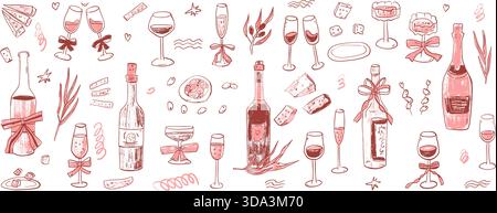 Ensemble de fête de bachelorette Coquette. Vin, fromage, griffonnages à l'arc. Dégustation fantaisiste de boissons méditerranéennes dessinées à la main. Croquis Girly Line cocktail gribble illu Illustration de Vecteur