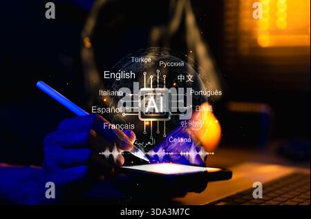Technologie de traduction linguistique basée sur L'IA. Utilisateurs utilisant un smartphone avec IA plusieurs langues, traduction multilingue pilotée par l'intelligence artificielle Banque D'Images