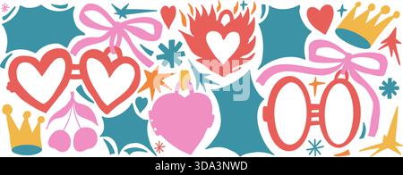 Coquette couple médaillons coeur découpe en papier. Cadre de silhouette coloré pour texte ou photo avec légende bang. Autocollant dessiné à la main avec couronne, étoile, arc wi Illustration de Vecteur