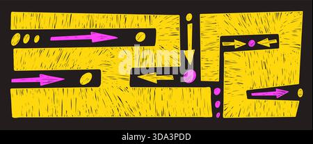 Motif géométrique abstrait au crayon néon dessiné. Fond de gribouillage naïf labyrinthe avec des cercles et des flèches. toile de fond d'ornement tribal labyrinthe. Craie naïve Illustration de Vecteur