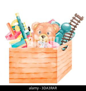 A box full of children's toys. Watercolor cartoon liiustration on a white background. Concept for toy storage, toy donations, and children's charity Banque D'Images