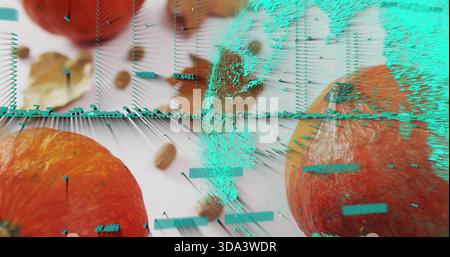 Affichant la gourde orange assise sur la table blanche avec des graines dispersées, couture, glitch sarcelle, espace de copie Banque D'Images
