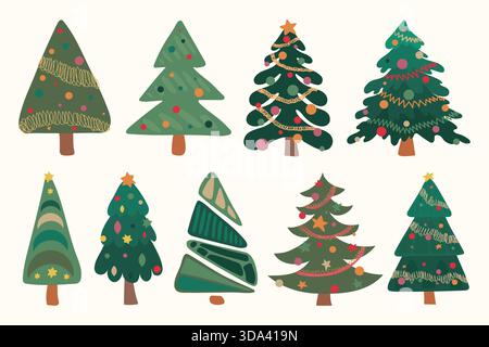 Ensemble de sapins de Noël festifs Doodle. Ensemble vectoriel d'arbres à feuilles persistantes d'hiver. Ensemble d'icônes de Noël de Noël mignons verts Illustration de Vecteur