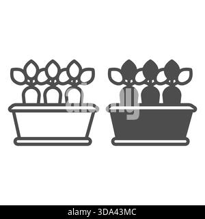 Pot de fleurs avec ligne de carottes et icône solide, concept de saison de printemps. Graphiques vectoriels. Plante de carotte dans un pot en plastique, signe de légumes sur fond blanc, Illustration de Vecteur