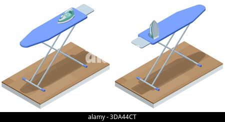 Illustration isométrique de deux planches à repasser avec des fers électriques placés sur le dessus, montré sur un plancher en bois. Scène d'équipement ménager propre minimale. Illustration de Vecteur