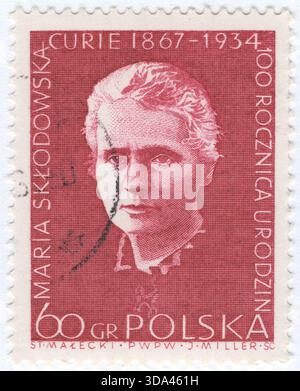 POLOGNE — 1er août 1967 : timbre-poste rose carmin foncé à 60 grosz représentant un portrait de Marie Skłodowska Curie (1867-1934). Maria Salomea Skłodowska-Curie, connue sous le nom de Marie Curie, était une physicienne et chimiste polonaise et naturalisée française qui a mené des recherches pionnières sur la radioactivité. Elle a été la première femme à remporter un prix Nobel, la première personne à remporter un prix Nobel deux fois, et la seule personne à remporter un prix Nobel dans deux domaines scientifiques Banque D'Images