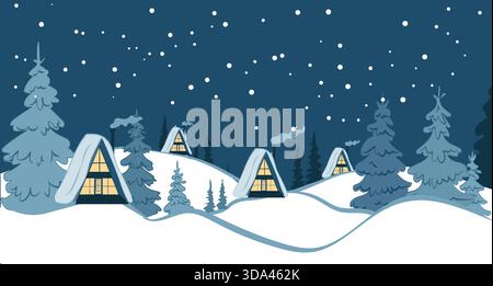 Dans une scène hivernale, les maisons aux toits en pente sont entourées d'arbres enneigés sous un ciel étoilé, capturant une atmosphère festive pendant Illustration de Vecteur
