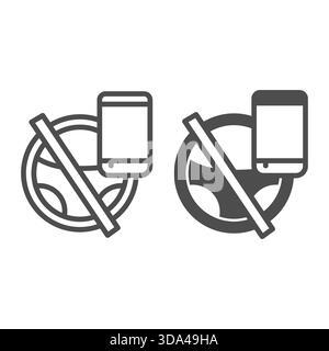 Volant et smartphone ligne et icône solide, les apprenants permettent le concept. Graphiques vectoriels. Interdiction de conversation téléphonique, signe de conduite sur backgrou blanc Illustration de Vecteur