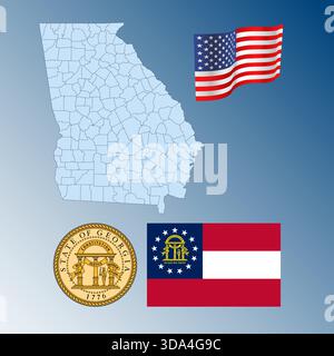Géorgie État fédéral américain agitant drapeau, sceau et carte, États-Unis, illustration vectorielle Illustration de Vecteur