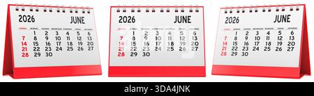 Calendrier de bureau de juin 2026 trois vues. Rendu 3D isolé sur fond blanc Banque D'Images