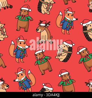 Motif sans couture de Noël avec un renard mignon et cerf avec hérisson dans les vêtements. Personnage animal pour paquet de vacances et emballage. Illustration de Vecteur