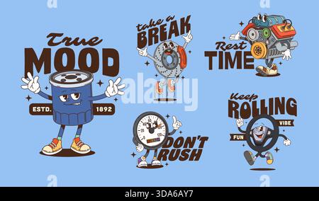Rétro groovy voitures pièces de rechange personnages autocollants et détails du véhicule personnages imprimés t-shirt. Filtre à huile automobile, disque de frein, moteur, compteur de vitesse et volant avec baskets et slogans amusants Illustration de Vecteur