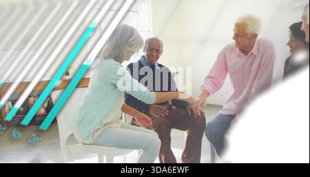 Femme senior penchée vers l'homme en chemise rose clair dans une salle de réunion bien éclairée, recouvrement sarcelle Banque D'Images