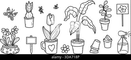 Ensemble Doodle de plantes en pot. Jardinage, loisirs et plantes d'intérieur. Dessin de ligne dessiné à la main Fleurs isolées, outils de jardinage et insectes. Vecteur Illus Illustration de Vecteur