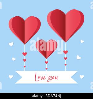 Coeurs en papier rouge en forme de ballons avec un espace pour le texte. Modèle pour une carte de voeux de Saint-Valentin, Fête des mères et anniversaire de mariage. Illustration papier de style artisanal. Illustration de Vecteur