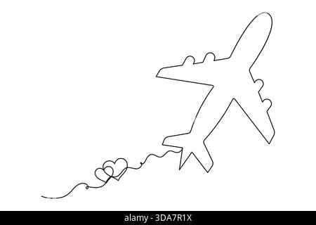 Dessin en ligne continu d'un avion avec un chemin de fumée Love Heart Illustration de Vecteur
