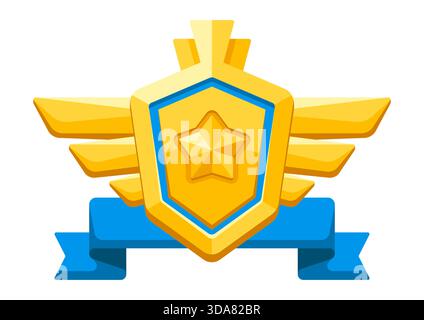 Bouclier d'or avec ruban et ailes. Prix du jeu pour les gagnants. Illustration de prix pour compétitions sportives. Illustration de Vecteur