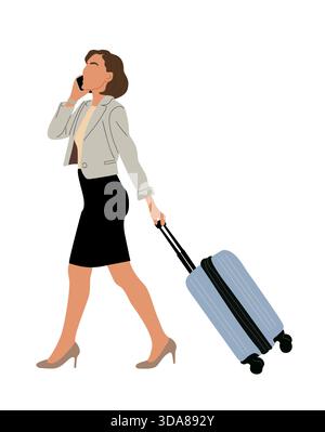 Femme d'affaires marchant avec valise et téléphone Illustration de Vecteur