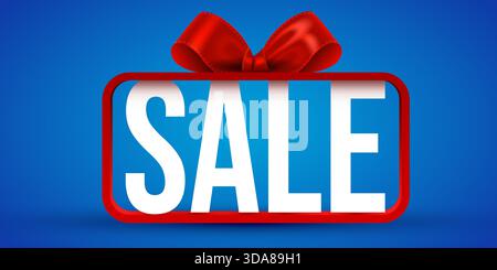 Bannière DE VENTE lumineuse avec un ruban rouge festif sur un fond bleu vif, idéal pour les offres spéciales et les promotions. Illustration vectorielle Illustration de Vecteur