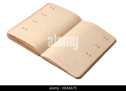 planificateur vintage ouvert avec des pages jaunies, disposition hebdomadaire de l'horaire arrière-plan blanc isolé, journal antique avec du papier ligné vide en gros plan Banque D'Images