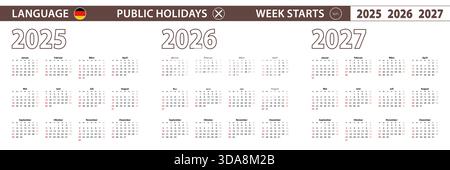 2025, 2026, 2027 ans calendrier vectoriel en langue allemande, la semaine commence le dimanche. Calendrier vectoriel. Illustration de Vecteur