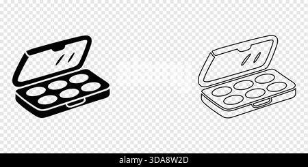 Palette de fards à paupières, solide et contour, icône de maquillage minimaliste montrant 6 puits circulaires et couvercle articulé avec miroir. Illustration de Vecteur