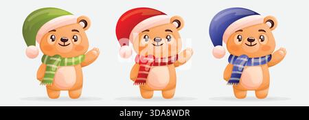 Ensemble de jolis personnages d'ours en peluche bonnet de Noël moufles écharpes Collection. Illustration de Vecteur