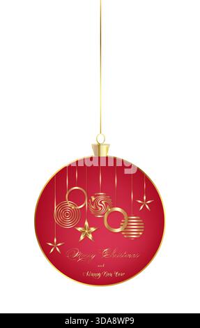 Grande boule de Noël suspendue, vacances de luxe en or manuscrites Joyeux Noël et bonne année, décoration de boules de Noël dorées. Vecteur isolé Illustration de Vecteur