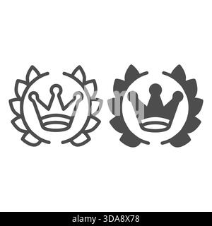 Couronne avec deux branches de laurier ligne et icône solide, concept d'enquête de voyageur. Graphiques vectoriels. Timbre de sceau royal, signe de luxe sur fond blanc, outli Illustration de Vecteur