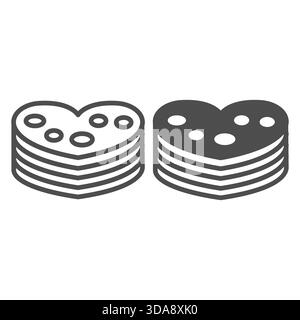 Crêpes en forme de coeur avec une délicieuse ligne de saupoudres de chocolat et icône solide, concept de bonbons du désert. Graphiques vectoriels. Signe de crêpes sur fond blanc Illustration de Vecteur
