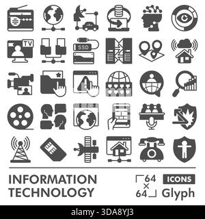 Collection ou croquis de symboles info tech, thème de données technologiques avec des signes de style glyphe pour le web et l'application. Graphiques vectoriels isolés sur fond blanc Illustration de Vecteur