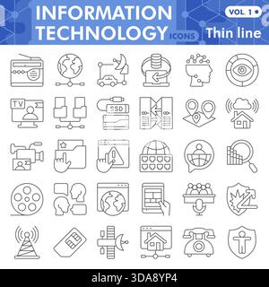 Collection ou croquis de symboles d'info tech, thème de données technologiques avec des signes de style de ligne mince pour le web et l'application. Graphiques vectoriels isolés sur backgrou blanc Illustration de Vecteur