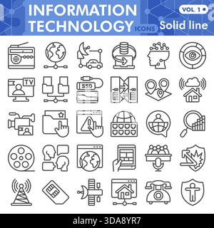 Collection ou croquis de symboles d'info tech, thème de données technologiques avec des signes de style de ligne pour le web et l'application. Graphiques vectoriels isolés sur fond blanc Illustration de Vecteur