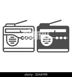 Récepteur de ligne de signal radio et icône solide, concept info tech. Graphiques vectoriels. Radio avec boutons, haut-parleur et signe d'antenne sur fond blanc, ou Illustration de Vecteur
