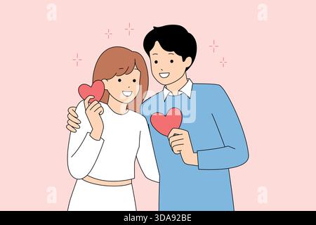 Couple d'influenceurs posant avec des accessoires de coeur, poste joyeux Illustration de Vecteur