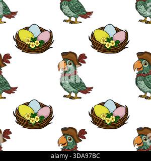 Motif vectoriel fantaisiste sans couture avec un joyeux perroquet pirate vert portant un chapeau à plumes marron, alternant avec un nid tissé tenant du pastel Illustration de Vecteur