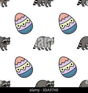 Motif vectoriel fantaisiste avec des ratons laveurs ludiques et des œufs de Pâques colorés à motifs sur un fond blanc propre, parfait pour les desi saisonniers festifs Illustration de Vecteur