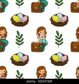 Adorable sirène assise sur un coffre au trésor avec des œufs de Pâques pastel dans des nids et des feuilles vertes, un charmant motif vectoriel sans couture pour desig fantaisiste Illustration de Vecteur