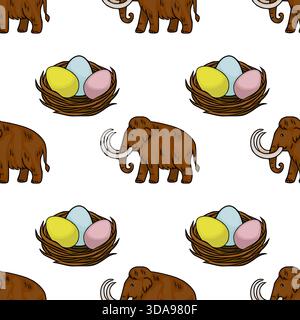 Un motif vectoriel répétitif fantaisiste mettant en vedette des mammouths de dessin animé et des œufs de Pâques pastel nichés dans des paniers de paille tissés, sur un dos blanc propre Illustration de Vecteur