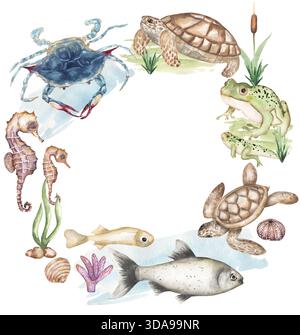 Aquarelle peinte à la main animaux marins illustration de couronne, crabe, poisson, hippocampe, poisson, tortue et coquillages avec coraux cadre clipart Banque D'Images