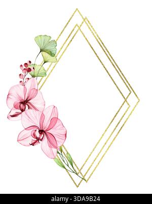 Orchidées transparentes à l'aquarelle avec cadre doré. Modèle de carte verticale élégant avec fleurs roses et feuille de paillettes. Placer pour le texte. Modèle de carte Banque D'Images