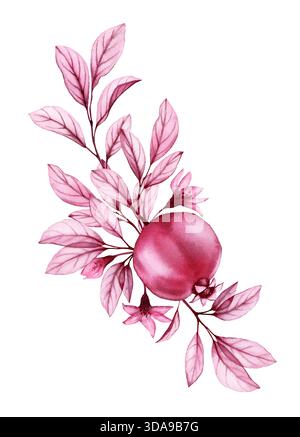 Composition verticale de grenade aquarelle. Fruits transparents et feuilles en arrangement vintage. Œuvre d'art peinte à la main avec des fruits rouges et rose poussiéreux Banque D'Images