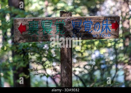 Un panneau en bois portant les inscriptions « 裏寝覚 » (Ura Nezame) et « 寝覚の床 » (Nezame-no-Toko), avec des flèches de direction rouges, dans la forêt ; le panneau pointe vers les célèbres formations rocheuses de la rivière Kiso, Agematsu, préfecture de Nagano, Japon Banque D'Images