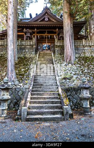 Un large escalier en pierre recouvert de mousse, flanqué de puissants troncs de cèdre et de lanternes en pierre, mène à un ancien sanctuaire shinto au toit incurvé. Vallée de Kiso, préfecture de Nagano, Japon Banque D'Images