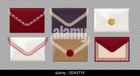 Ensemble d'enveloppes élégantes et réalistes avec des timbres en dentelle et cire. Enveloppes de luxe pliées vectorielles sur fond transparent Illustration de Vecteur
