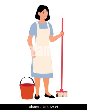 Femme de ménage portant une combinaison. Professions libérales. Femme nettoyant avec balai et seau en position d'origine pendant la journée Illustration de Vecteur