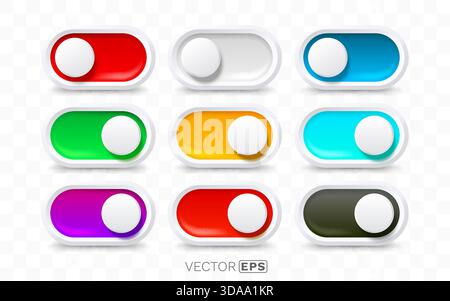 Interrupteurs à bascule et boutons marche-arrêt modernes et colorés de l'interface utilisateur. Éléments essentiels de l'interface utilisateur pour la conception de sites Web et d'applications. Illustration vectorielle. Illustration de Vecteur